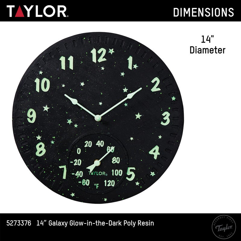 Taylor Galaxy Glow-In-The-Dark Poly Resin Indoor and Outdoor Clock and Thermometer, Home Decor for Garden, Patio, Pool, and Indoor Areas, 14-inch, Multi-Color - Image 4